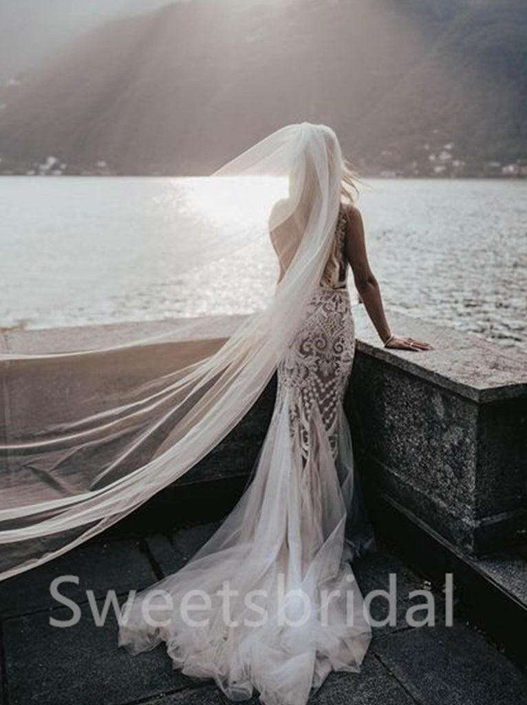Sexy V-neck Spaghetti straps Mermaid Lace appique Wedding Dresses, DB0232