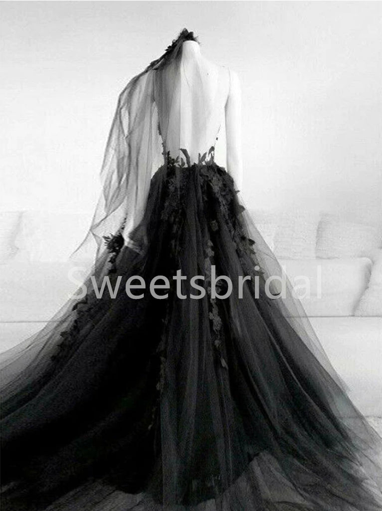 Black V-neck Side slit A-line Lace applique Wedding Dresses, DB0258