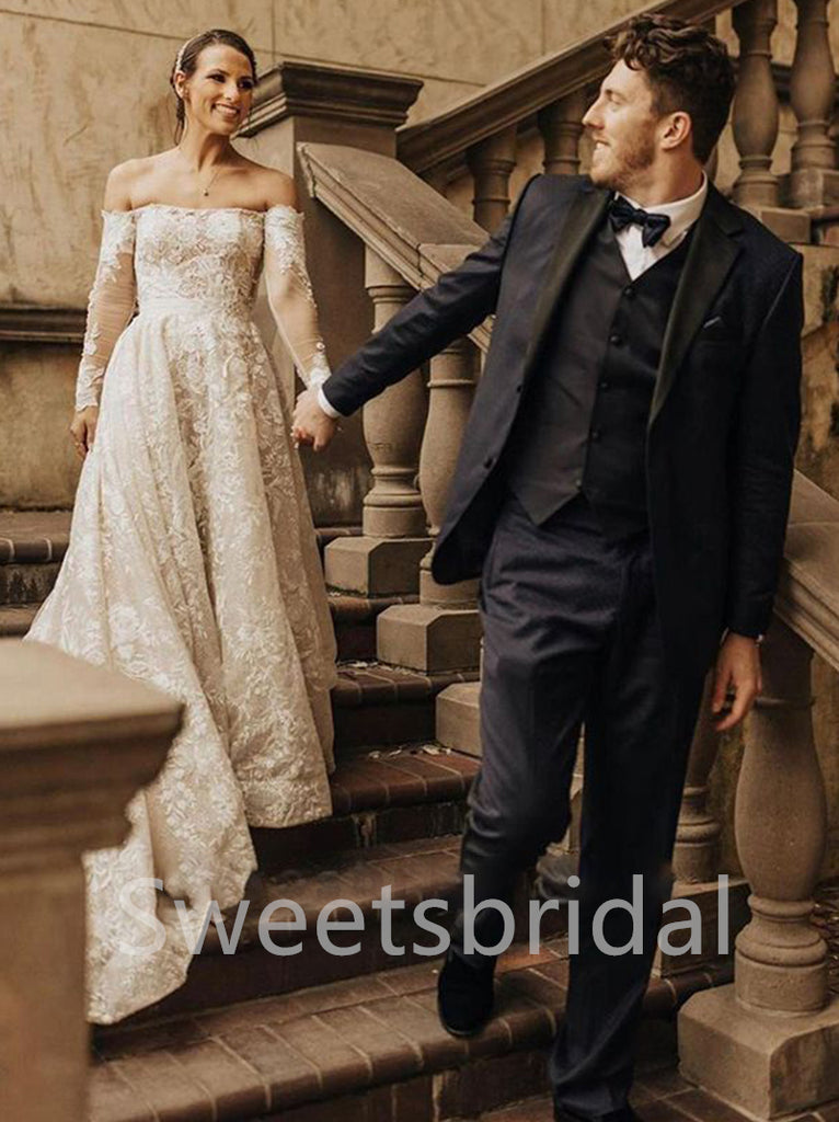 Elegant Off shoulder Long sleeves A-line Lace applique Wedding Dresses,DB0301