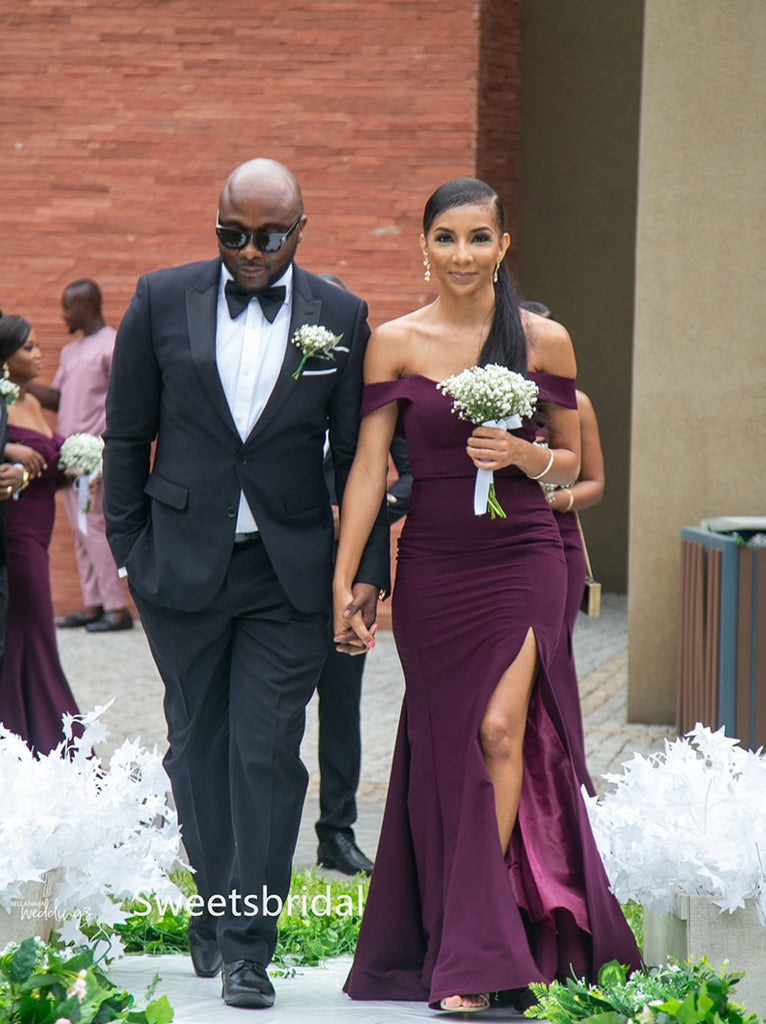 Mismatched One-shoulder Side slit Elegant Simple Long Bridesmaid Dressess,SWE1355