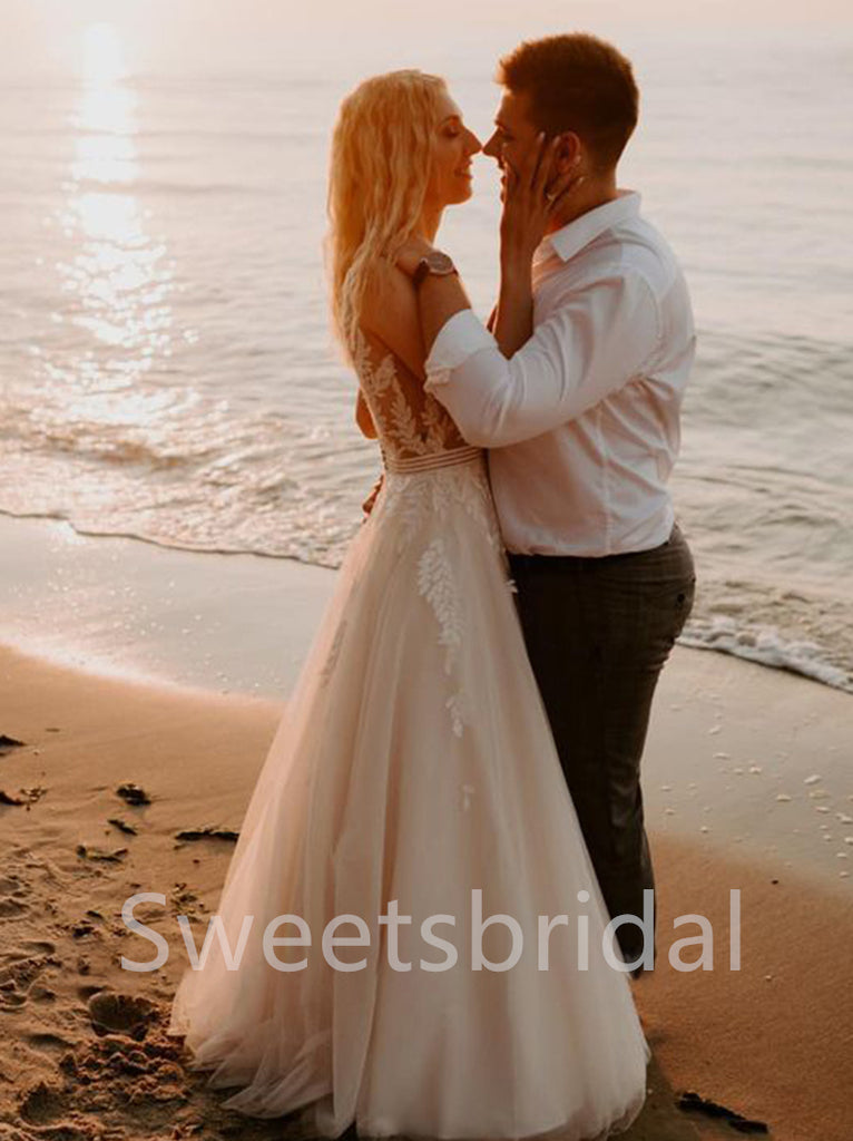 Sexy V-neck Spaghetti straps A-line Lace applique Wedding Dresses,DB0312