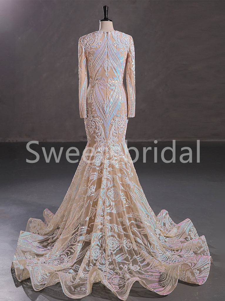 Sexy V-neck Long sleeves Mermaid Prom Dresses, SW1490