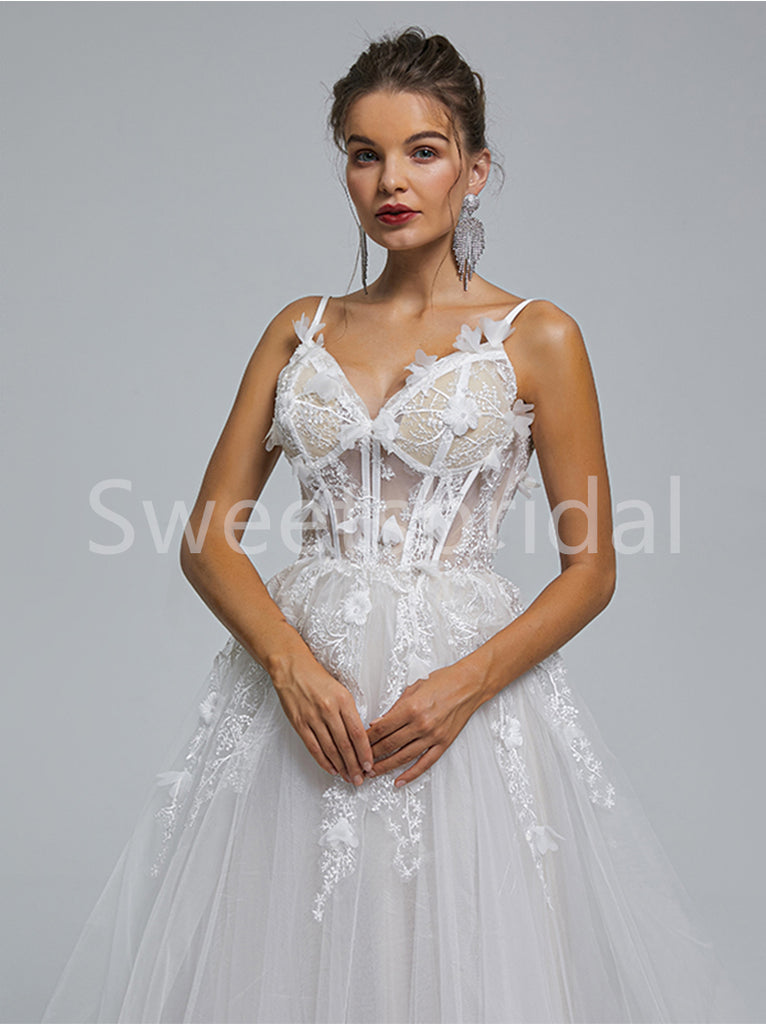 Elegant Spaghetti straps V-neck A-line Lace applique Wedding Dresses, DB0262