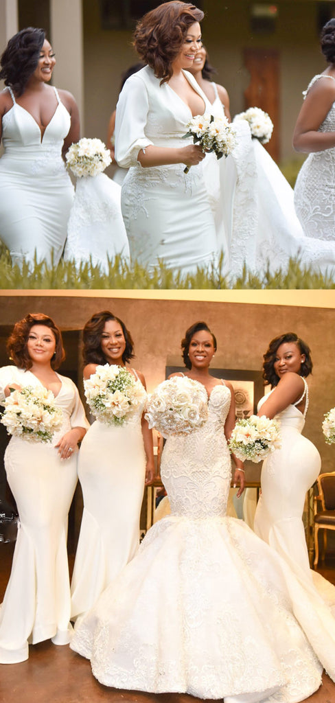 Mismatched V-neck White Cheap Mermaid Long Bridesmaid Dresses,SW1050