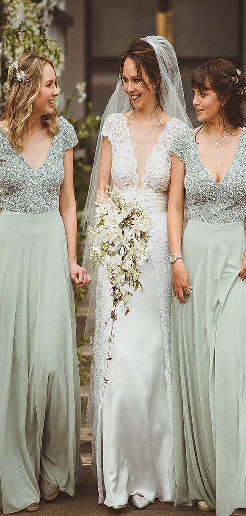 Simple V-neck Short Sleeve Chiffon Sequin Long Bridesmaid Dresses.DB10836