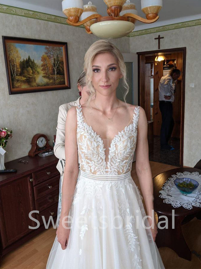 Sexy V-neck Spaghetti straps A-line Lace applique Wedding Dresses,DB0312