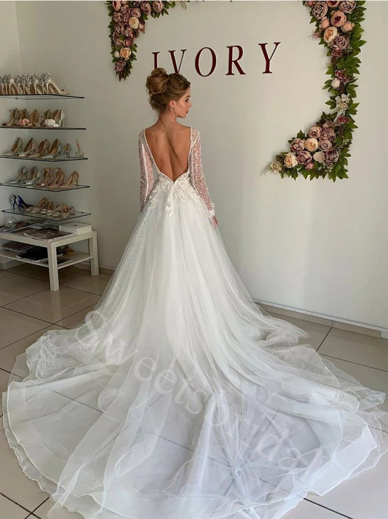 Sexy V-neck Long sleeves Mermaid Lace applique Wedding Dresses,DB0329