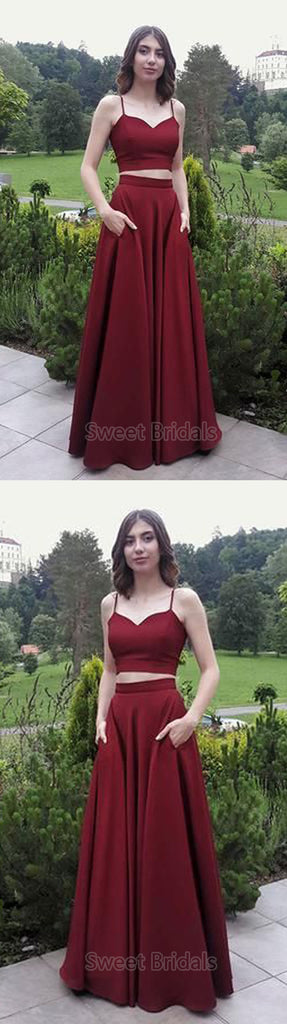 Pretty Burgundy Two Pieces Spaghetti Strap Floor Length Evening Prom Dresses, SW0050