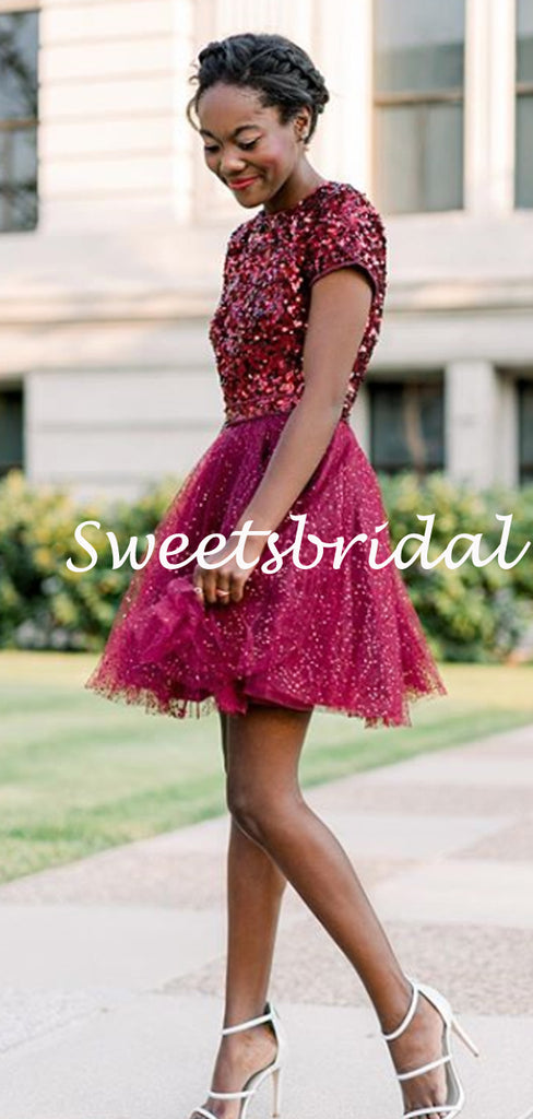 Simple Round Neck Sequin Tulle Mini Short Homecoming Dresses, BTW301