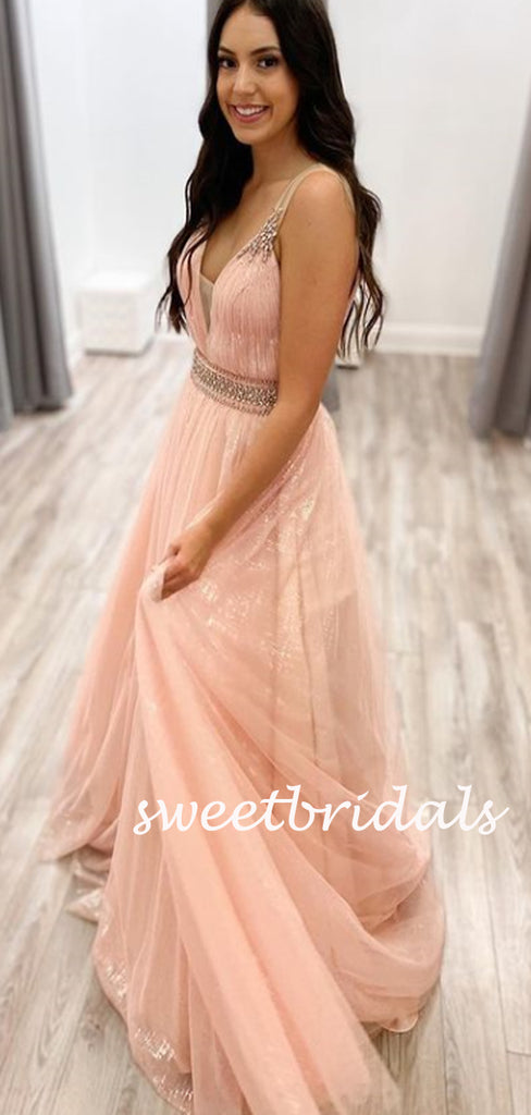 Simple V-neck Tulle A-line Long Prom Dresses.SW1174
