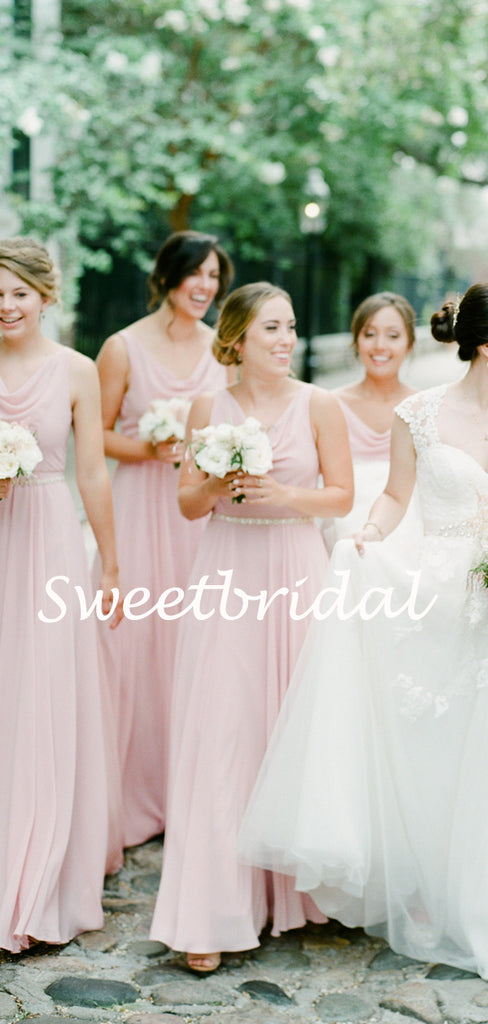 Charming V-neck Floor-length Chiffon Long Bridesmaid Dresses, SW1120