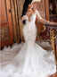 Sexy V-neck Long sleeves Mermaid Lace applique Wedding Dresses,DB0286