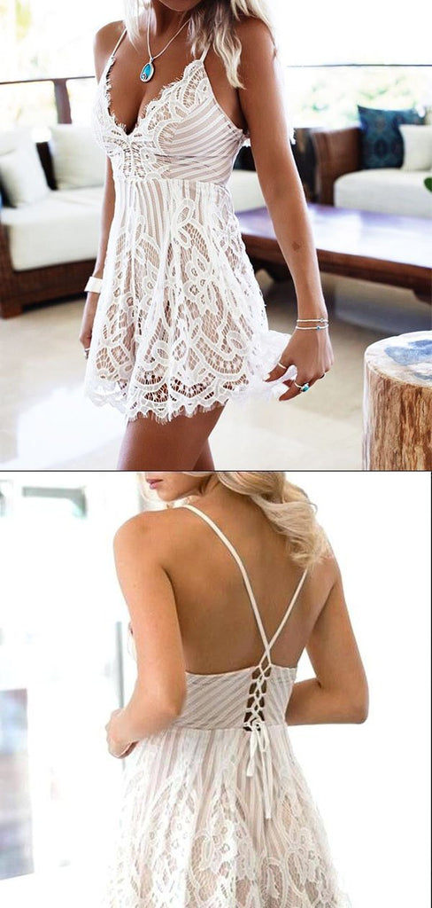 Sexy Spaghetti Strap V Neck Lace A Line Short Homecoming Dress, BTW213