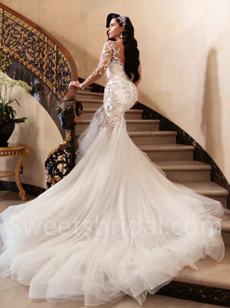Sexy Bodycon Vintage Mermaid V-neck Half Lace Sleeve Floor-length Wedding  Dress - UCenter Dress