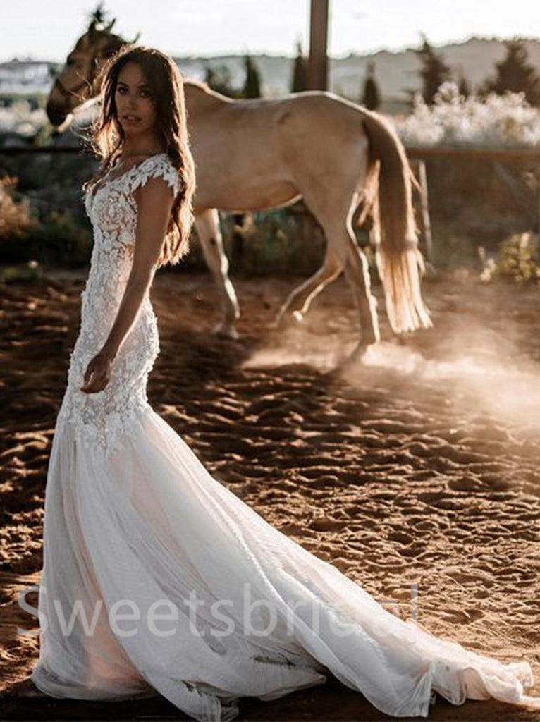 Simple V-neck Mermaid Lace applique Wedding Dresses,  DB0250