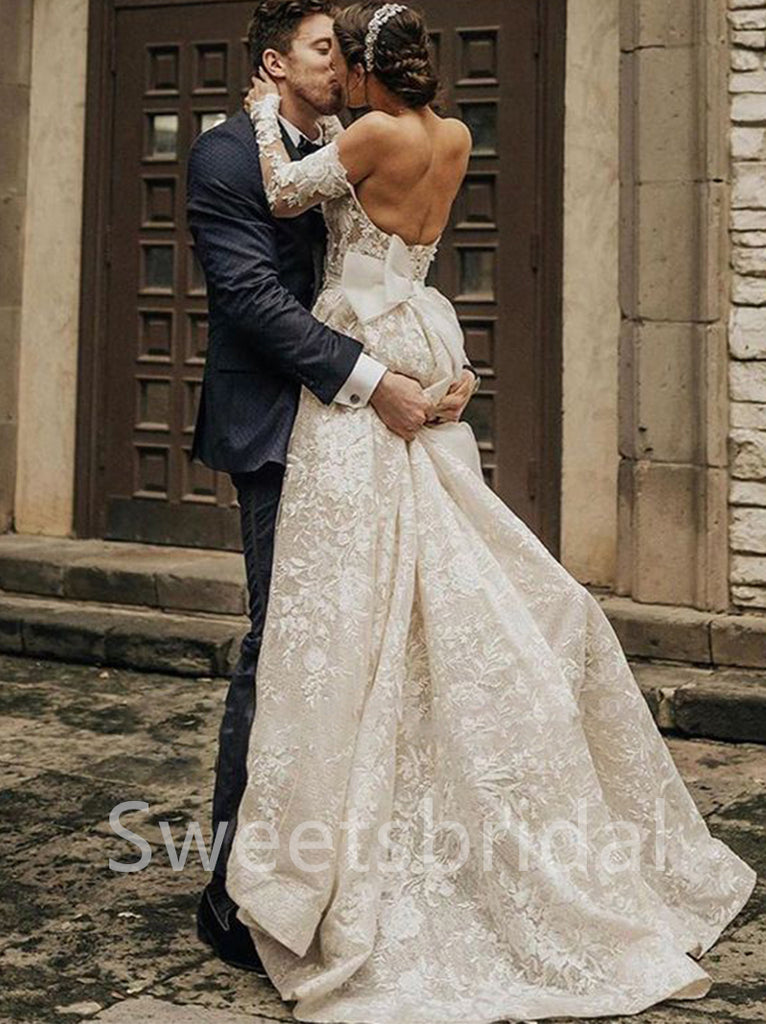 Elegant Off shoulder Long sleeves A-line Lace applique Wedding Dresses,DB0301