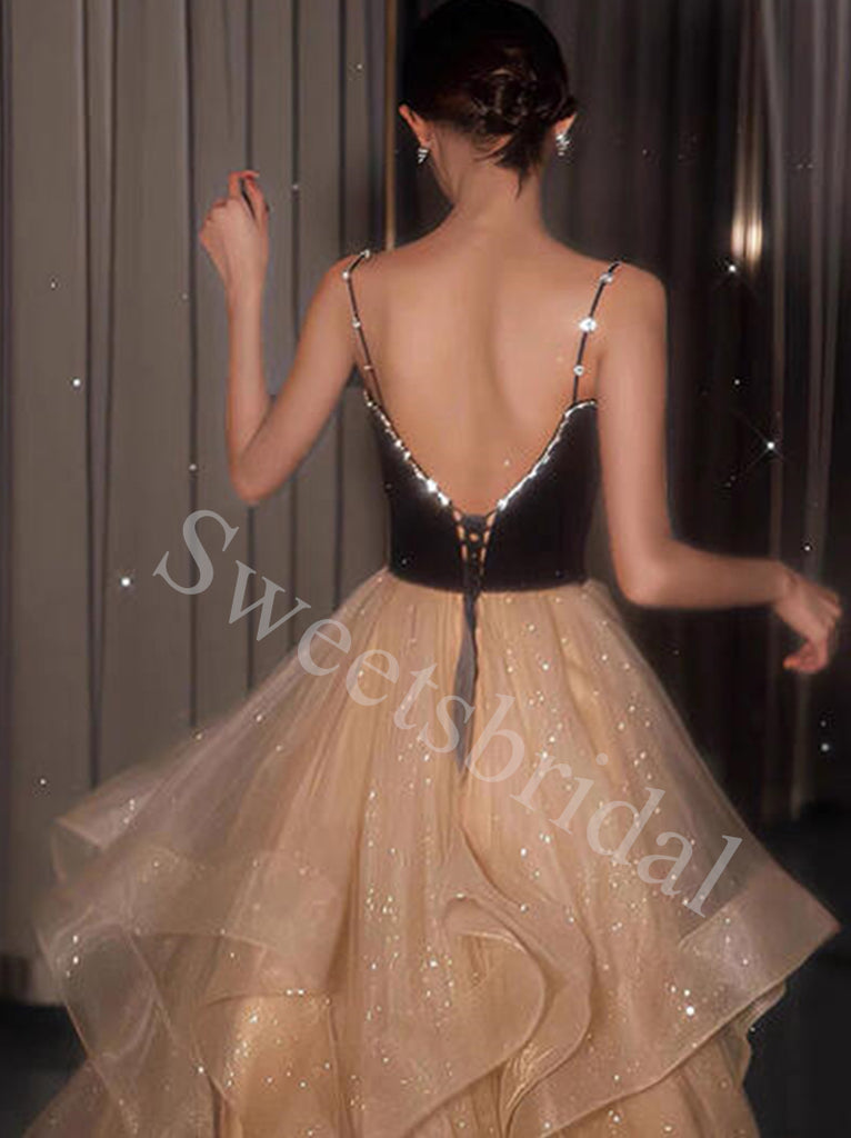 Elegant Spaghetti straps V-neck A-line Prom Dresses,SW1782