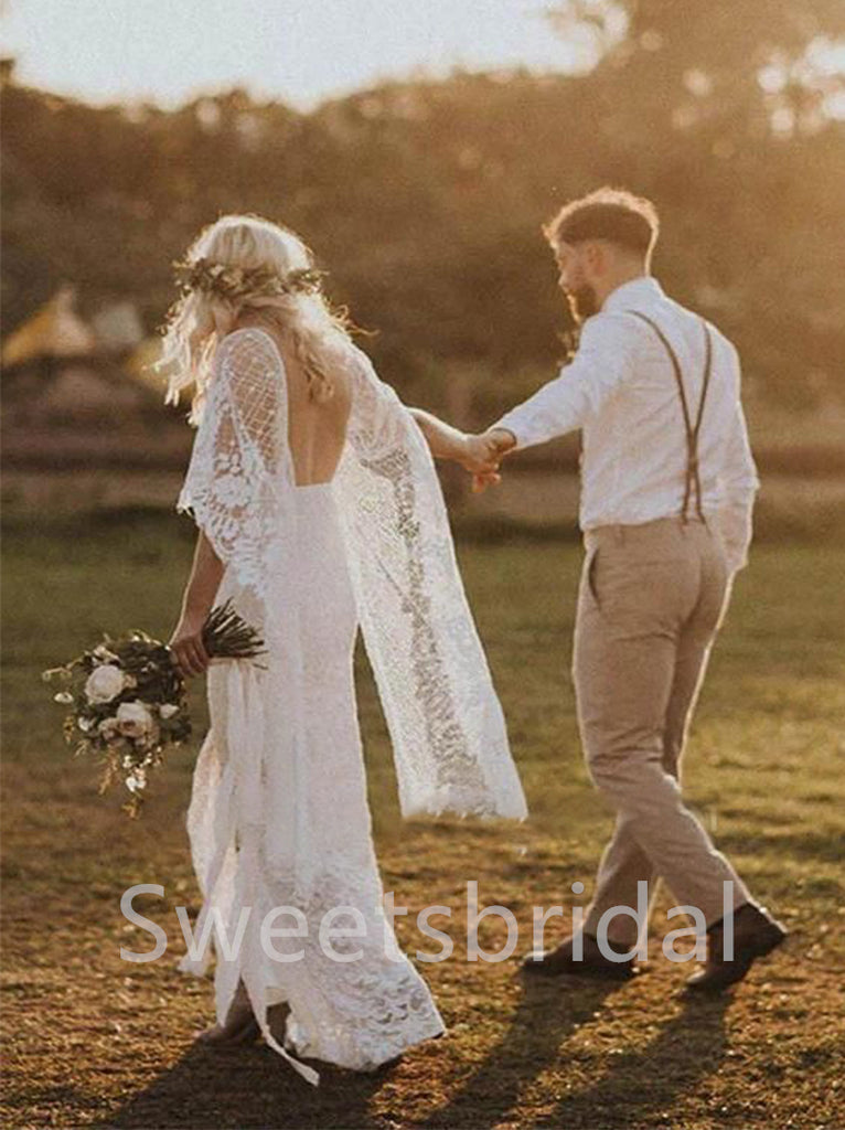 Sexy Long sleeves Open back Sheath Lace applique Wedding Dresses,DB0322