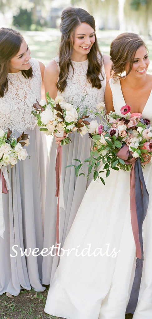 Charming Scoop Neck Sleeveless A-line Lace Chiffon Long Bridesmaid Dresses, SW1161