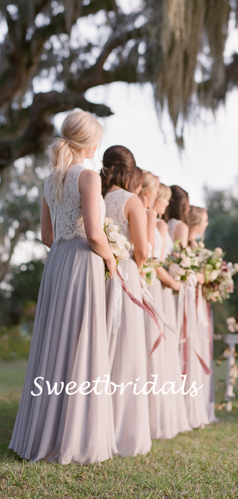 Charming Scoop Neck Sleeveless A-line Lace Chiffon Long Bridesmaid Dresses, SW1161