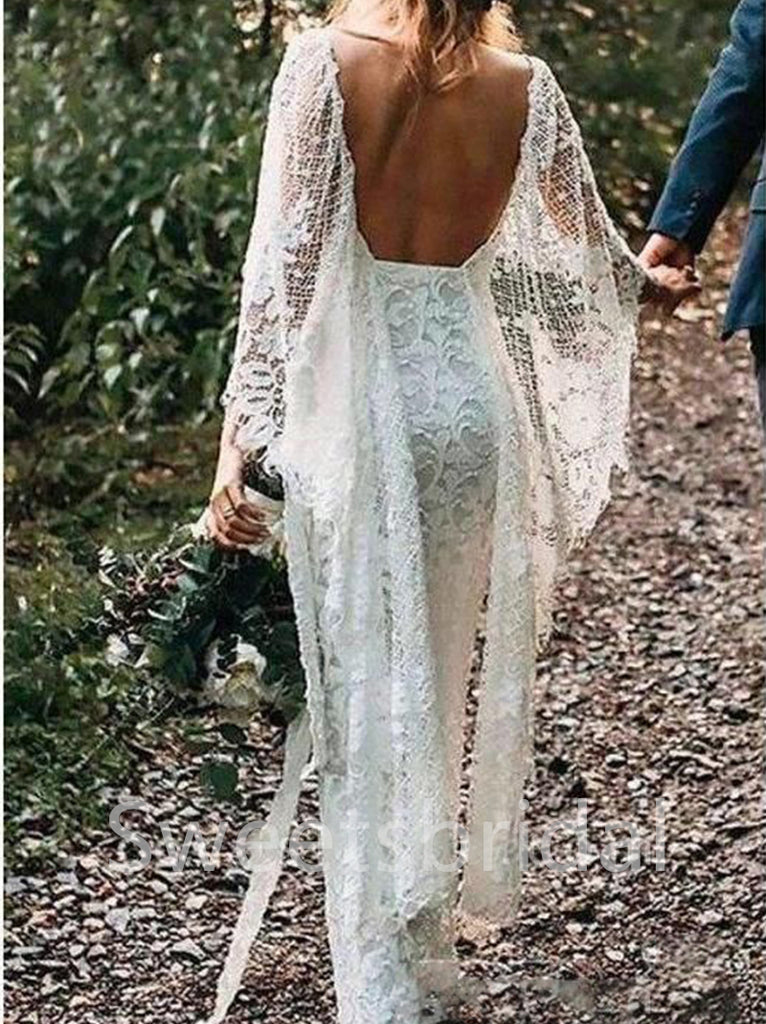 Sexy Long sleeves Open back Sheath Lace applique Wedding Dresses,DB0322