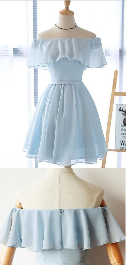 Simple Off The Shoulder Light Blue Chiffon A Line Short Homecoming Dress, BTW195