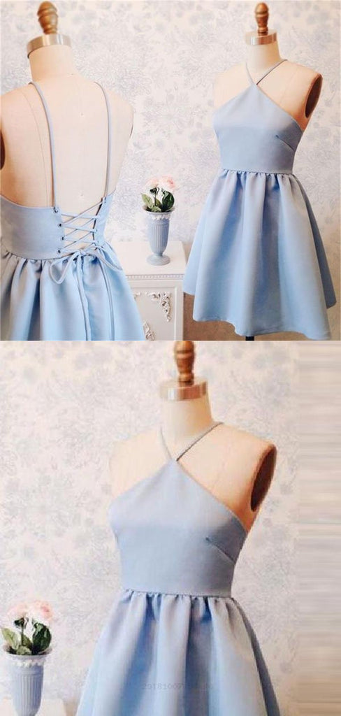 Simple Halter Light Blue Lace Up Satin A Line Short Homecoming Dress, BTW196