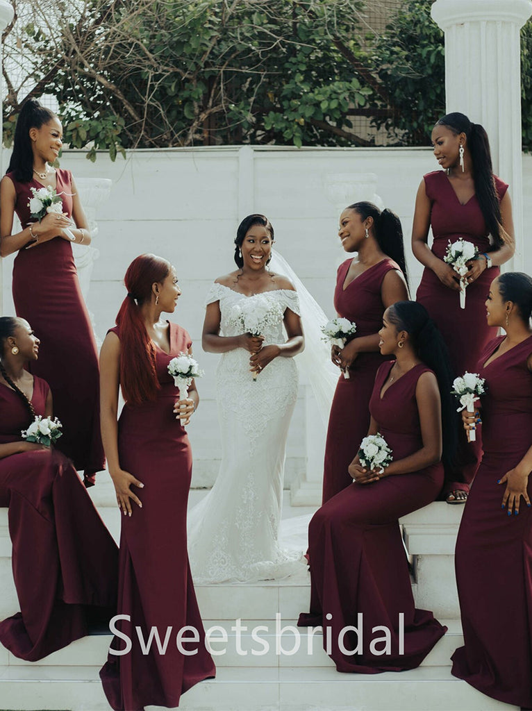 Sexy V-neck Mermaid Elegant Simple Long Bridesmaid Dresses,SWE1281