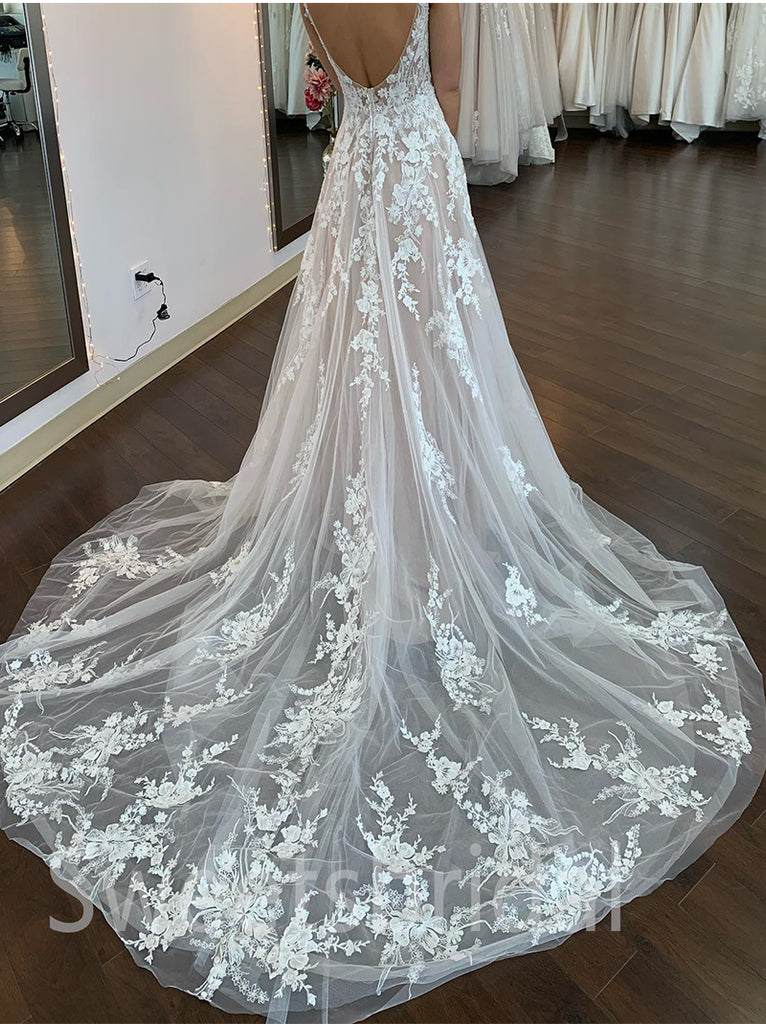Sexy V-neck Spaghetti straps A-line Lace appique Wedding Dresses, DB0233