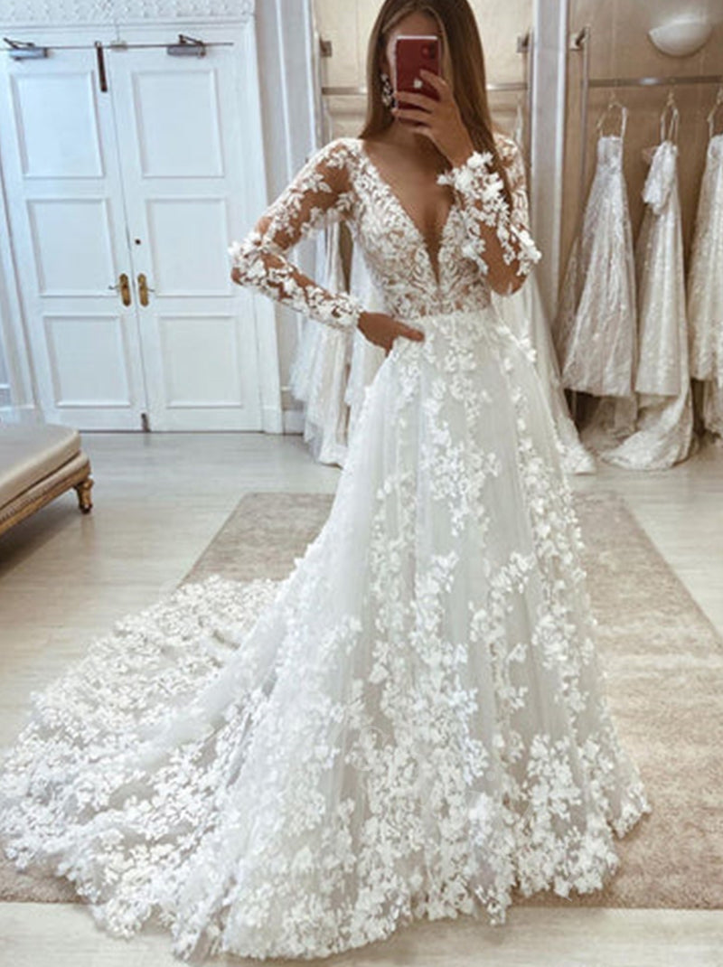 Elegant V-neck Long sleeves A-line Lace applique Wedding Dresses,DB033