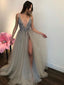 Sexy V-neck Simple Tulle A-line Long Evening Prom Dresses, PD0038