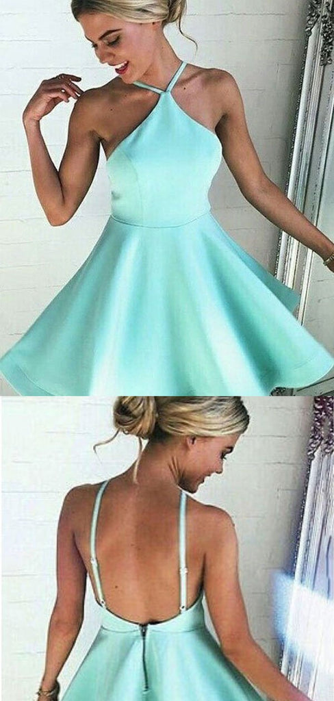 Simple Halter Sleeveless Backless Satin A Line Short Homecoming Dress, BTW215