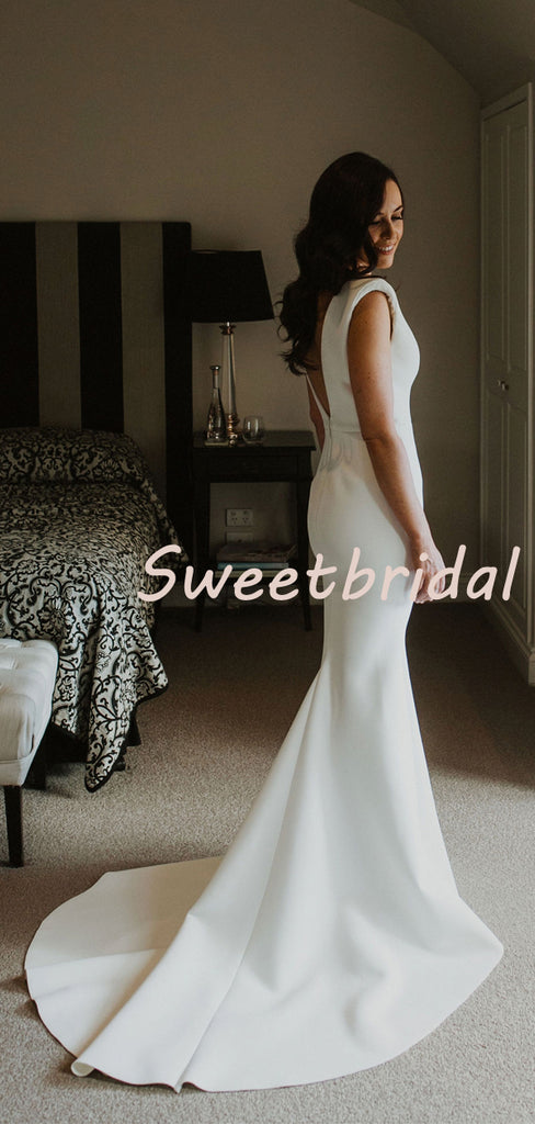 Pretty V-neck Mermaid With Train Sleeveless Long Wedding Dresses Evening Dresses, WD1129