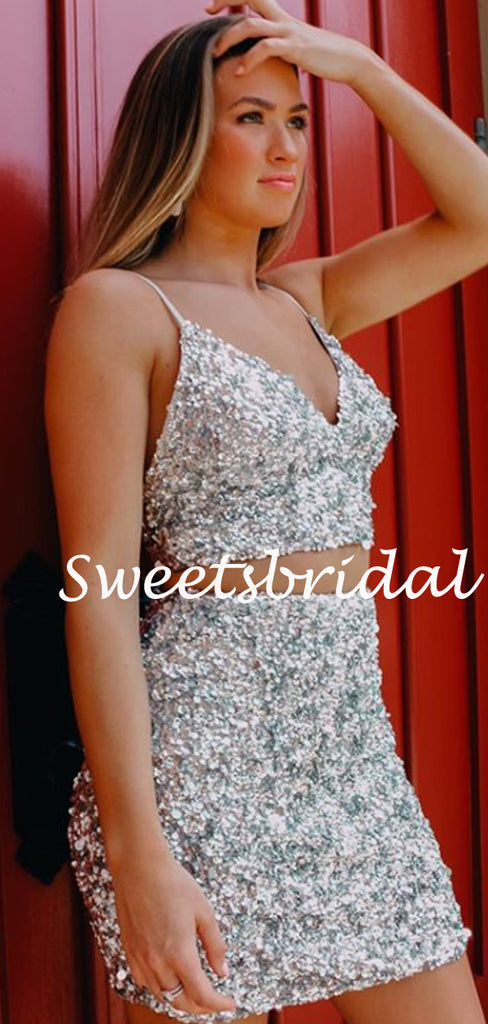 Simple V-neck Two-piece Sequin Mini Short Homecoming Dresses, BTW304