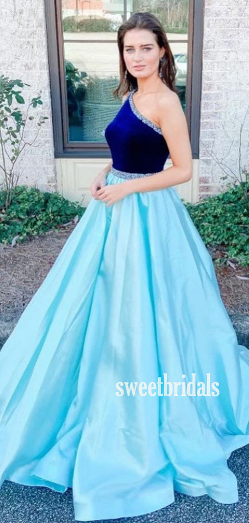 Simple One-shoulder A-line Satin Cheap Long Prom Dresses.SW1208