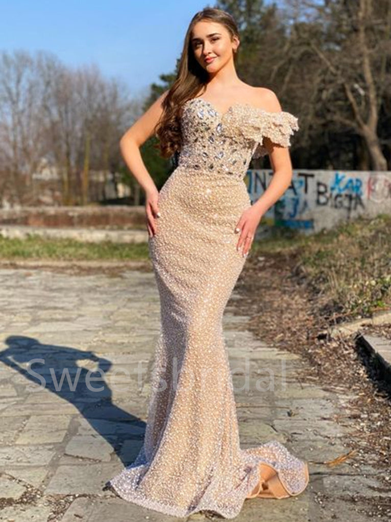 Elegant Off-shoulder Sweetheart Sleeveless Mermaid Prom Dresses ,SW1312