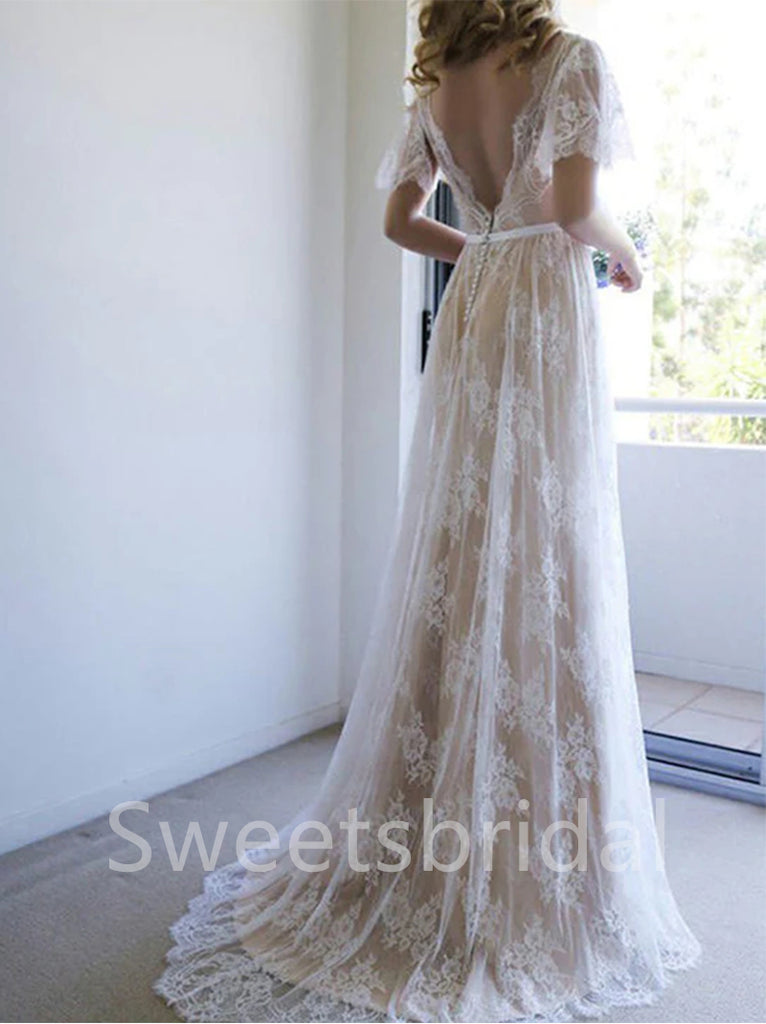 Sexy V-neck Cap-sleeves A-line Lace applique Wedding Dresses,DB0306