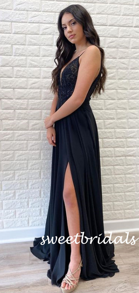 Simple V-neck Side Slit A-line Chiffon Long Prom Dresses.SW1178