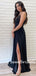 Simple V-neck Side Slit A-line Chiffon Long Prom Dresses.SW1178