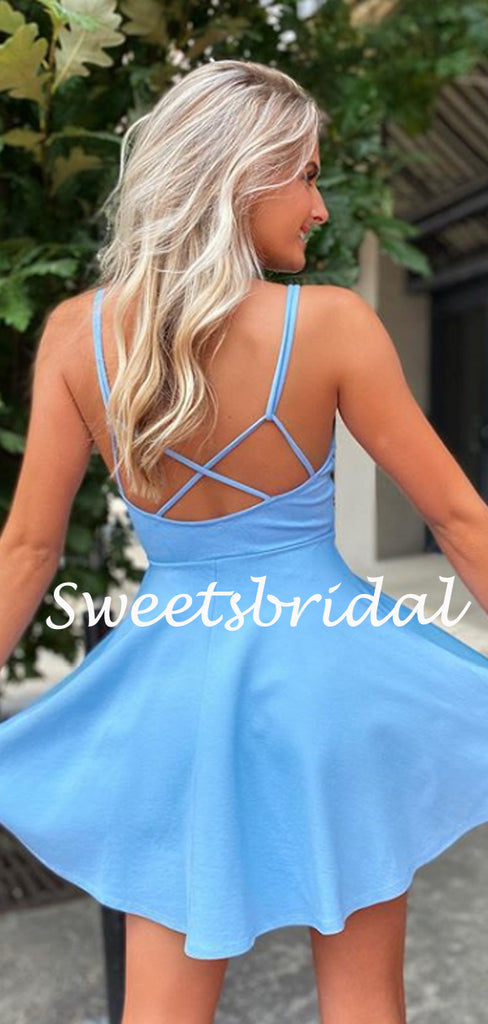 Simple V-neck Spaghetti Strap Mini Short Homecoming Dresses, BTW305