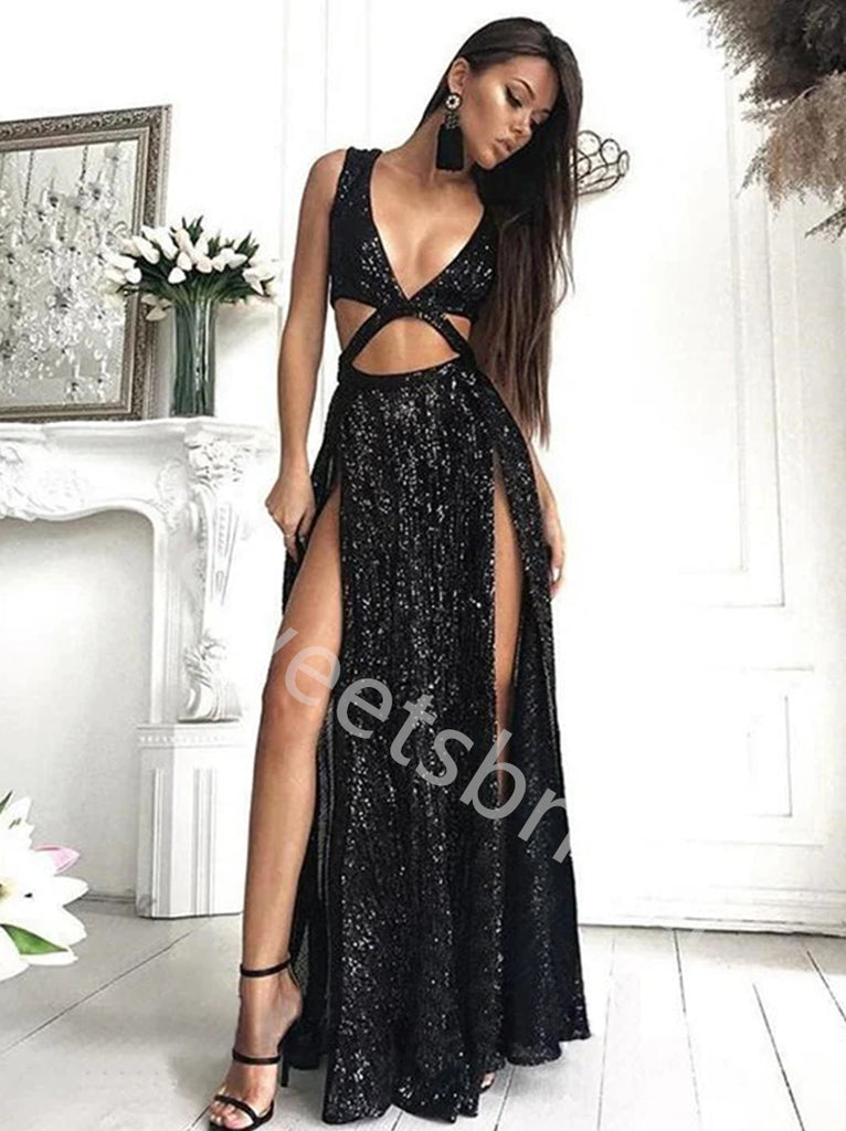 Sexy V-neck Sleeveless Side slit A-line Prom Dresses,SW1720