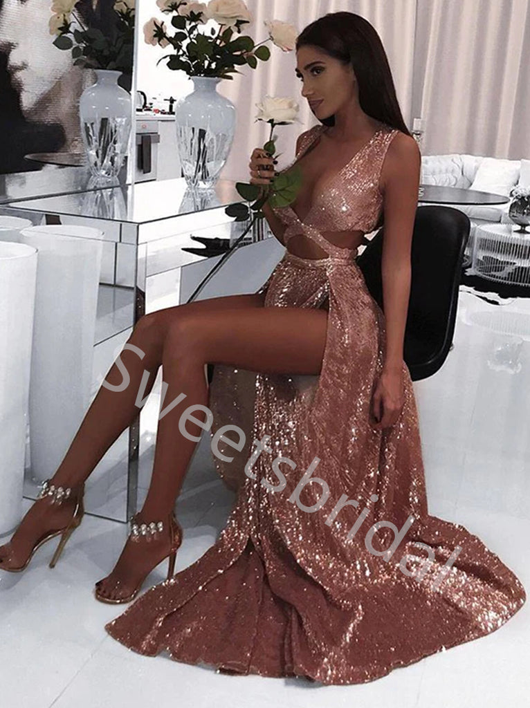 Sexy V-neck Sleeveless Side slit A-line Prom Dresses,SW1720