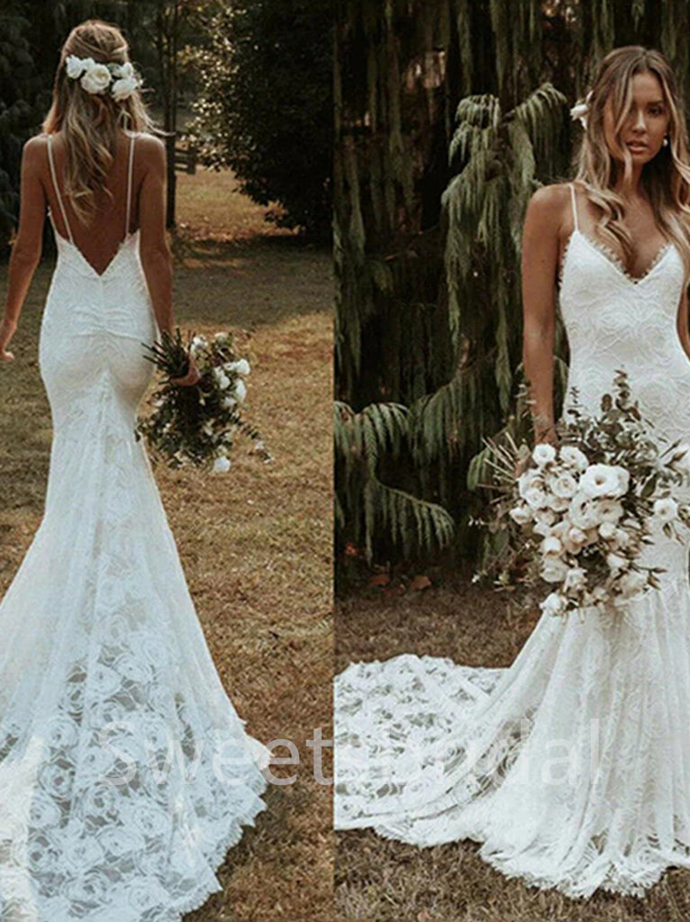 Sexy Spaghetti straps V-neck Mermaid Lace applique Wedding Dresses,DB0304