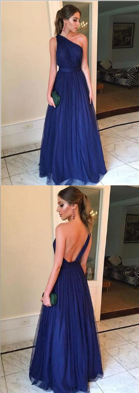 Cheap Navy Blue One Shoulder Long Evening Prom Dresses, BW0603