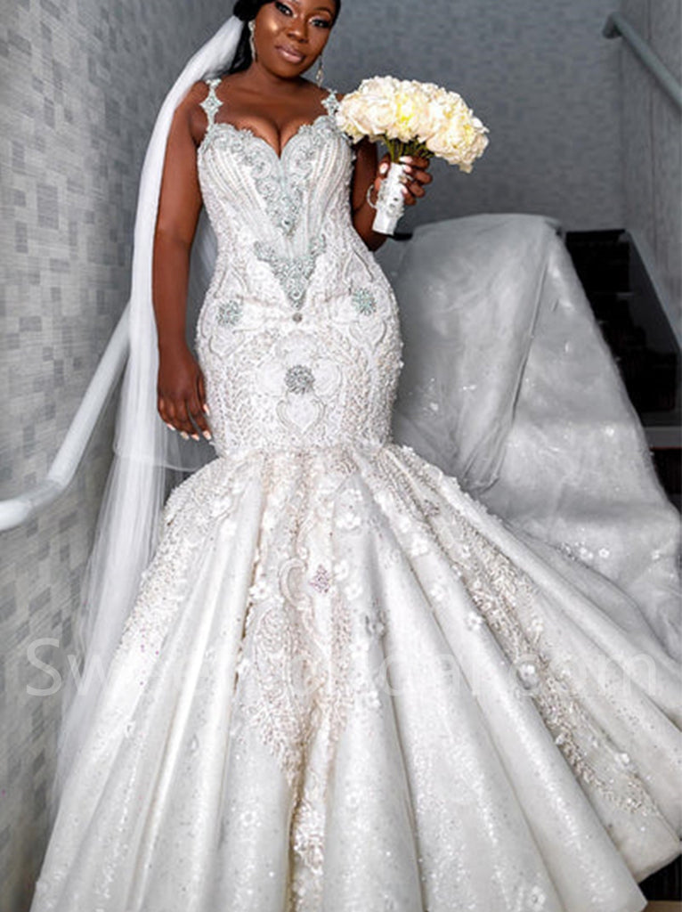 Sexy V-neck Spaghetti straps Mermaid Lace applique Wedding Dresses,DB0288