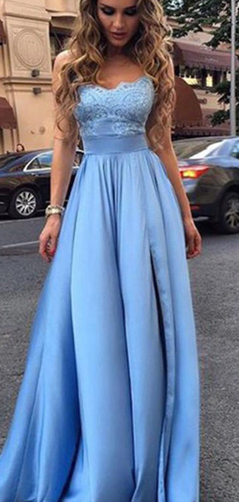 Blue Lace Satin A-line Sleeveless Prom Dresses , DB1085