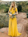 Bright Yellow Short Sleeve Front Slit Sheath Long Bridesmaid Dresses ,PB1068