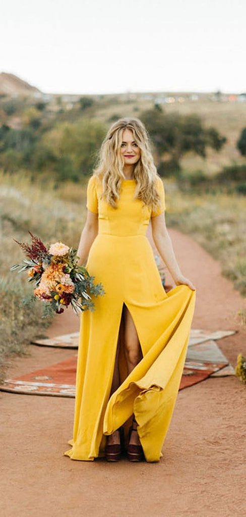 Bright Yellow Short Sleeve Front Slit Sheath Long Bridesmaid Dresses ,PB1068