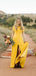 Bright Yellow Short Sleeve Front Slit Sheath Long Bridesmaid Dresses ,PB1068
