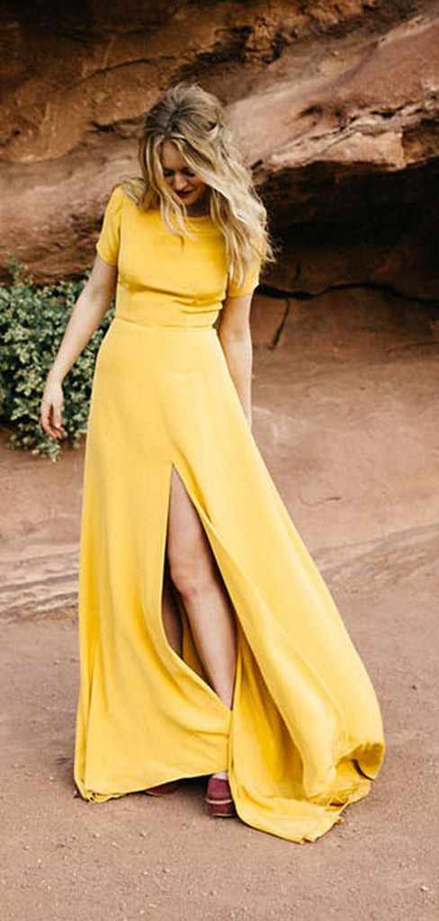 Bright Yellow Short Sleeve Front Slit Sheath Long Bridesmaid Dresses ,PB1068